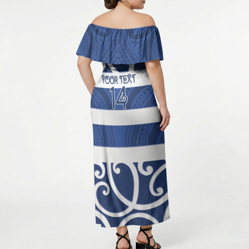 Auckland Custom Rugby New Zealand Off Shoulder Maxi Dress Aotearoa Maori Pukana Tiki Mascot
