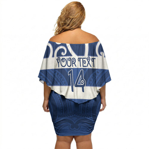 Auckland Custom Rugby New Zealand Off Shoulder Short Dress Aotearoa Maori Pukana Tiki Mascot