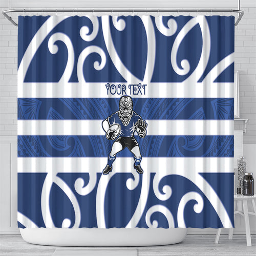 Auckland Custom Rugby New Zealand Shower Curtain Aotearoa Maori Pukana Tiki Mascot
