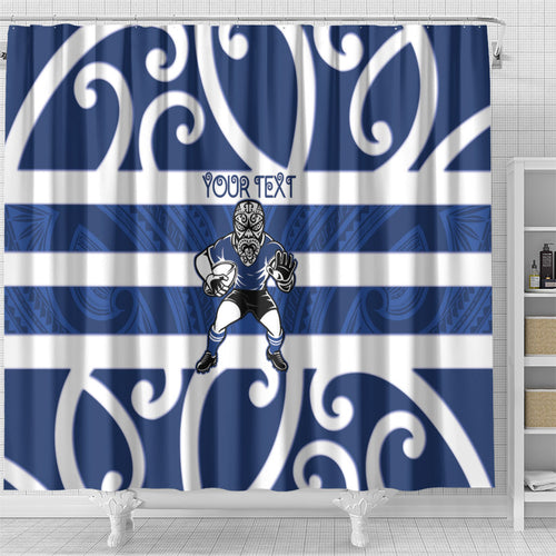 Auckland Custom Rugby New Zealand Shower Curtain Aotearoa Maori Pukana Tiki Mascot