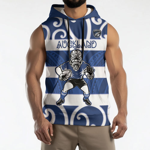 Auckland Custom Rugby New Zealand Sleeveless Hoodie Aotearoa Maori Pukana Tiki Mascot