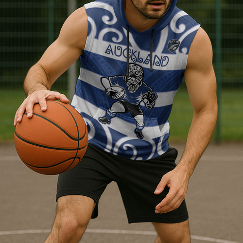 Auckland Custom Rugby New Zealand Sleeveless Hoodie Aotearoa Maori Pukana Tiki Mascot