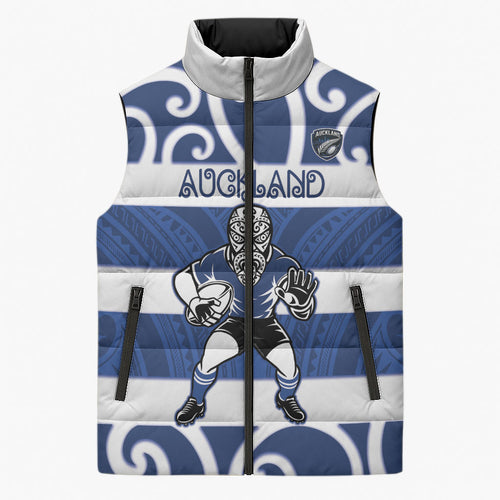 Auckland Custom Rugby New Zealand Sleeveless Puffer Jacket Aotearoa Maori Pukana Tiki Mascot