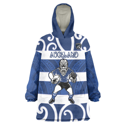 Auckland Custom Rugby New Zealand Wearable Blanket Hoodie Aotearoa Maori Pukana Tiki Mascot