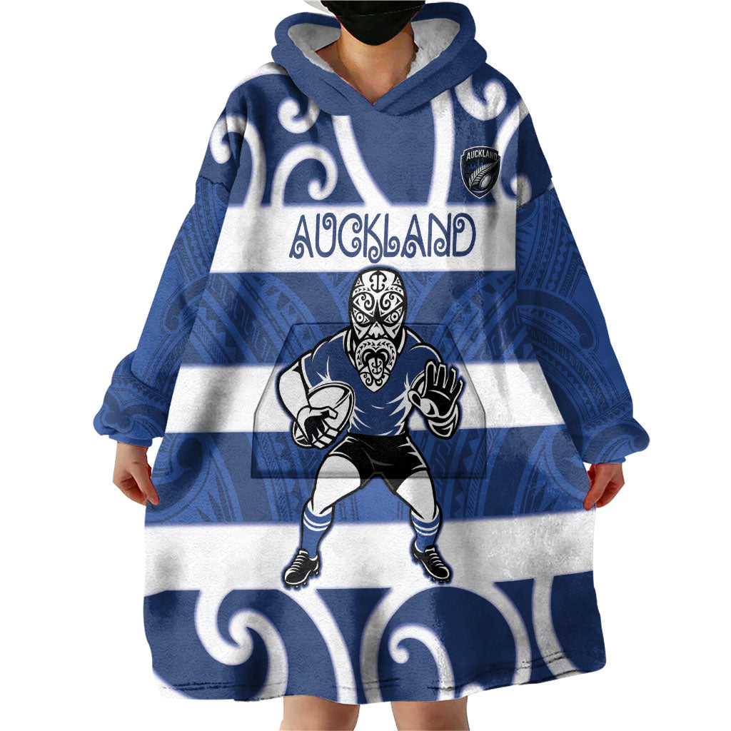 Auckland Custom Rugby New Zealand Wearable Blanket Hoodie Aotearoa Maori Pukana Tiki Mascot