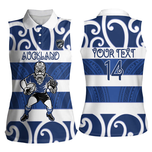 Auckland Custom Rugby New Zealand Women Sleeveless Polo Shirt Aotearoa Maori Pukana Tiki Mascot