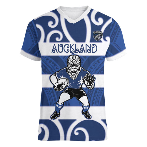 Auckland Custom Rugby New Zealand Women V-Neck T-Shirt Aotearoa Maori Pukana Tiki Mascot