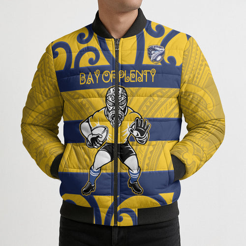 Bay of Plenty Custom Rugby New Zealand Bomber Puffer Jacket Aotearoa Maori Pukana Tiki Mascot