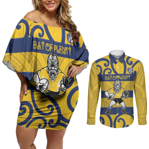 Bay of Plenty Custom Rugby New Zealand Couples Matching Off Shoulder Short Dress and Long Sleeve Button Shirt Aotearoa Maori Pukana Tiki Mascot