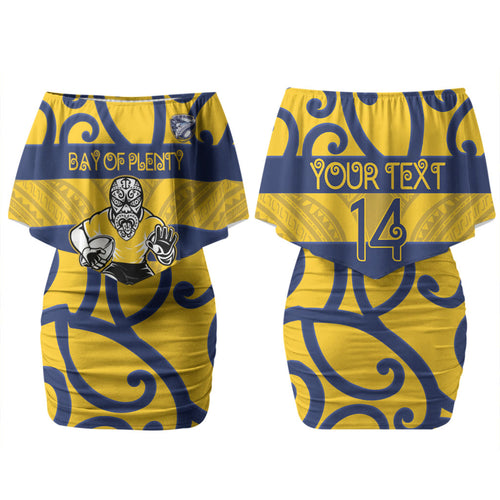 Bay of Plenty Custom Rugby New Zealand Couples Matching Off Shoulder Short Dress and Long Sleeve Button Shirt Aotearoa Maori Pukana Tiki Mascot