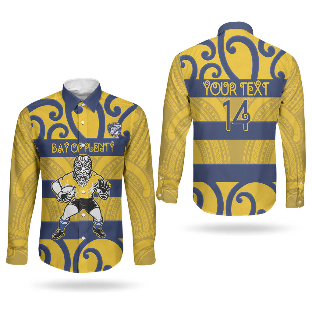 Bay of Plenty Custom Rugby New Zealand Couples Matching Puletasi and Long Sleeve Button Shirt Aotearoa Maori Pukana Tiki Mascot