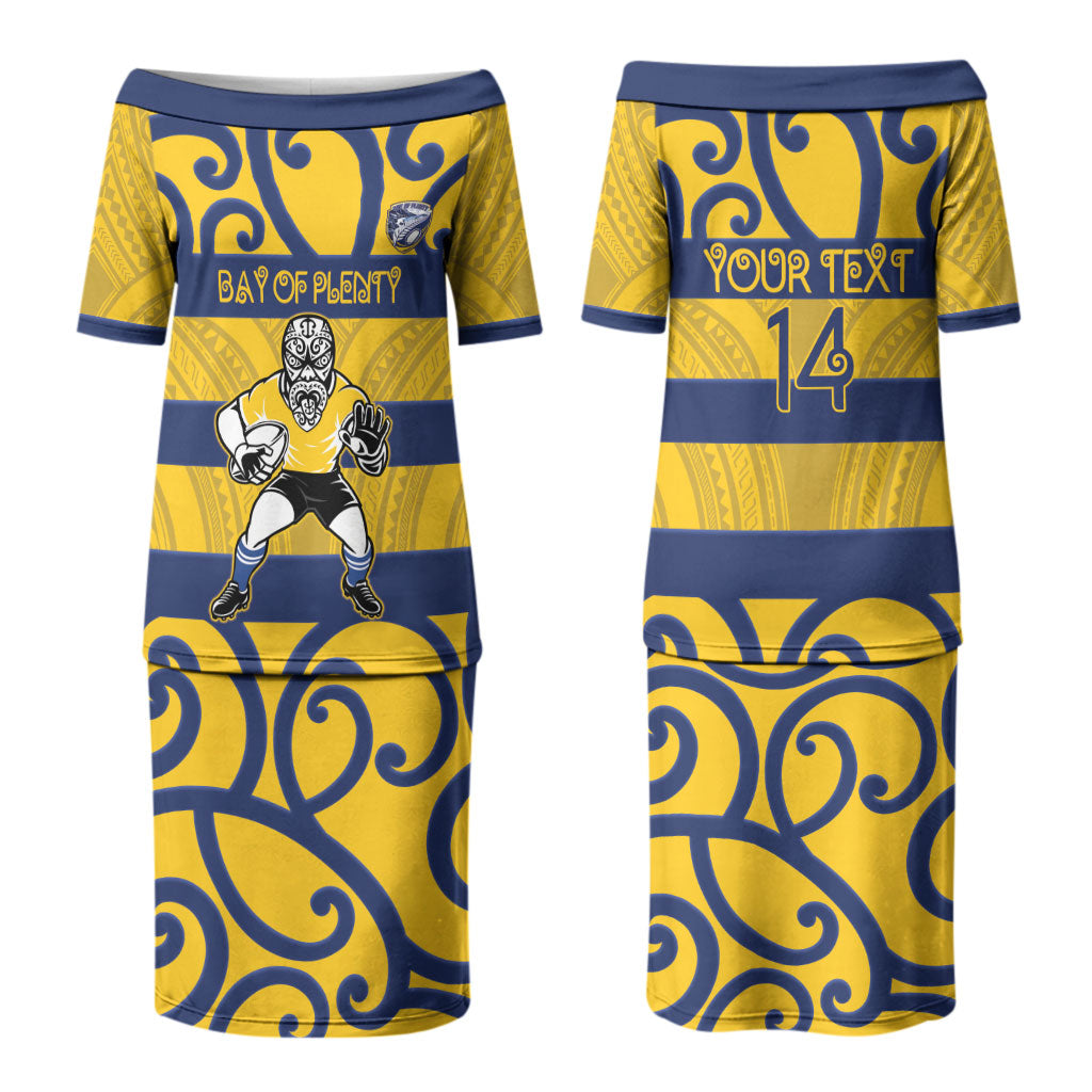 Bay of Plenty Custom Rugby New Zealand Couples Matching Puletasi and Long Sleeve Button Shirt Aotearoa Maori Pukana Tiki Mascot