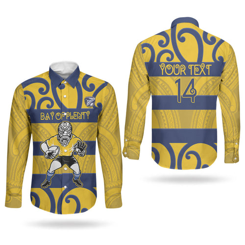 Bay of Plenty Custom Rugby New Zealand Couples Matching Short Sleeve Bodycon Dress and Long Sleeve Button Shirt Aotearoa Maori Pukana Tiki Mascot