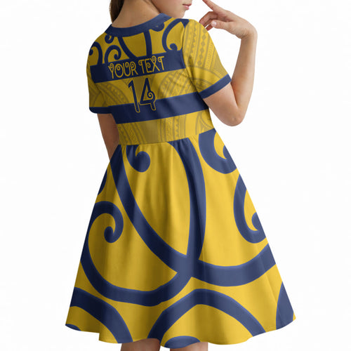 Bay of Plenty Custom Rugby New Zealand Kid Short Sleeve Dress Aotearoa Maori Pukana Tiki Mascot