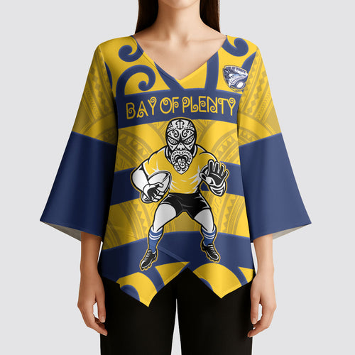 Bay of Plenty Custom Rugby New Zealand Kimono Sleeve Blouse Aotearoa Maori Pukana Tiki Mascot