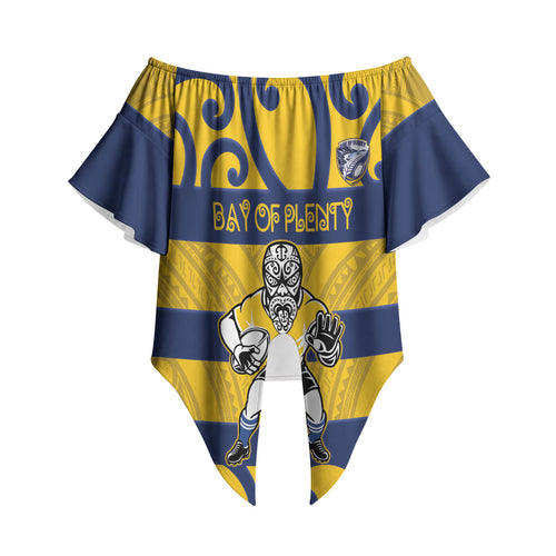 Bay of Plenty Custom Rugby New Zealand Off Shoulder Wrap Waist Top Aotearoa Maori Pukana Tiki Mascot