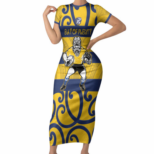 Bay of Plenty Custom Rugby New Zealand Short Sleeve Bodycon Dress Aotearoa Maori Pukana Tiki Mascot