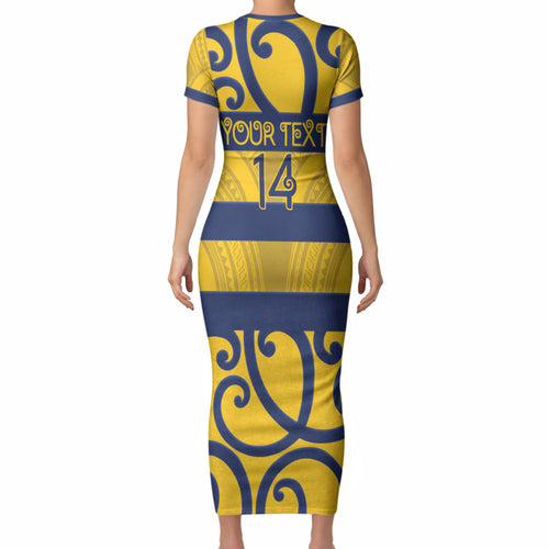 Bay of Plenty Custom Rugby New Zealand Short Sleeve Bodycon Dress Aotearoa Maori Pukana Tiki Mascot