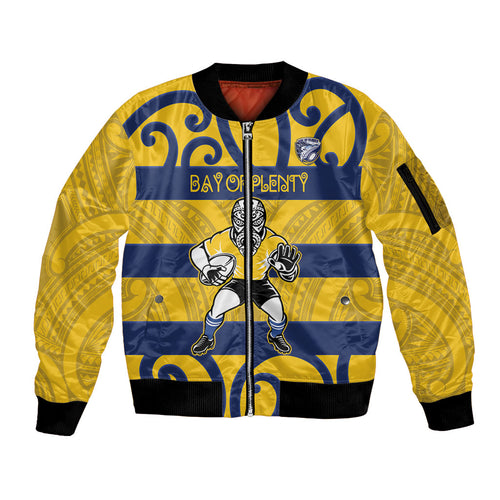 Bay of Plenty Custom Rugby New Zealand Sleeve Zip Bomber Jacket Aotearoa Maori Pukana Tiki Mascot