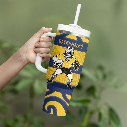 Bay of Plenty Custom Rugby New Zealand Tumbler With Handle Aotearoa Maori Pukana Tiki Mascot