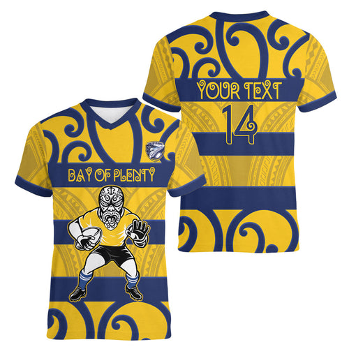 Bay of Plenty Custom Rugby New Zealand Women V-Neck T-Shirt Aotearoa Maori Pukana Tiki Mascot