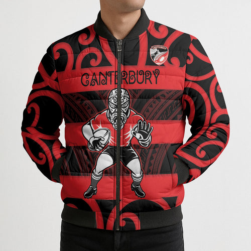 Canterbury Custom Rugby New Zealand Bomber Puffer Jacket Aotearoa Maori Pukana Tiki Mascot