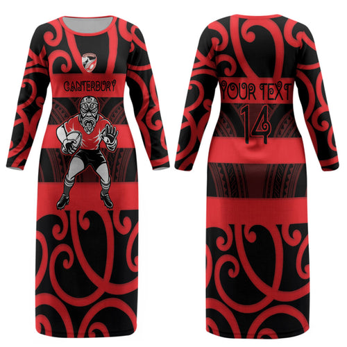 Canterbury Custom Rugby New Zealand Couples Matching Long Sleeve Bodycon Dress and Long Sleeve Button Shirt Aotearoa Maori Pukana Tiki Mascot