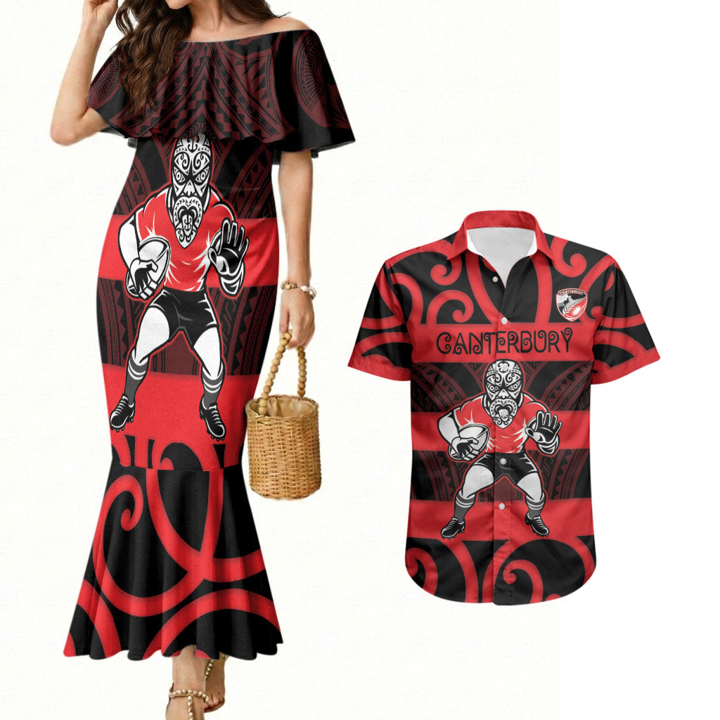 Canterbury Custom Rugby New Zealand Couples Matching Mermaid Dress and Hawaiian Shirt Aotearoa Maori Pukana Tiki Mascot