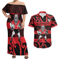 Canterbury Custom Rugby New Zealand Couples Matching Off Shoulder Maxi Dress and Hawaiian Shirt Aotearoa Maori Pukana Tiki Mascot