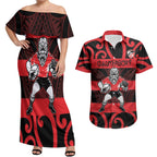 Canterbury Custom Rugby New Zealand Couples Matching Off Shoulder Maxi Dress and Hawaiian Shirt Aotearoa Maori Pukana Tiki Mascot