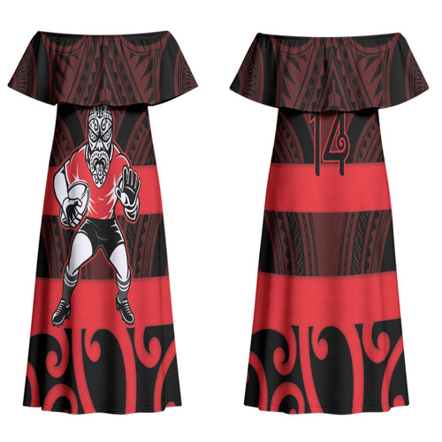 Canterbury Custom Rugby New Zealand Couples Matching Off Shoulder Maxi Dress and Long Sleeve Button Shirt Aotearoa Maori Pukana Tiki Mascot