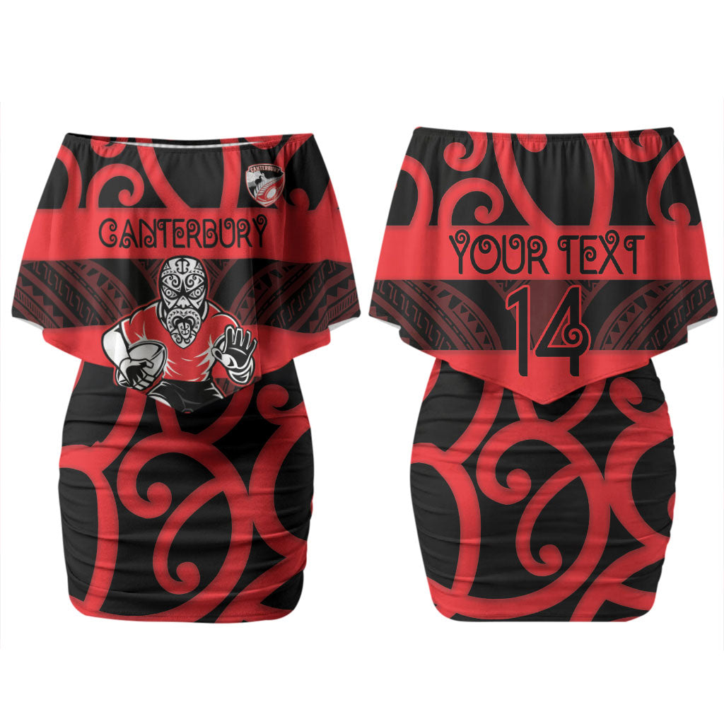 Canterbury Custom Rugby New Zealand Couples Matching Off Shoulder Short Dress and Hawaiian Shirt Aotearoa Maori Pukana Tiki Mascot