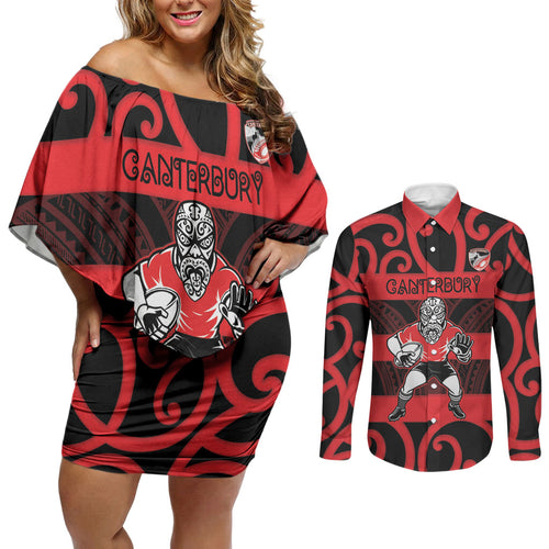 Canterbury Custom Rugby New Zealand Couples Matching Off Shoulder Short Dress and Long Sleeve Button Shirt Aotearoa Maori Pukana Tiki Mascot