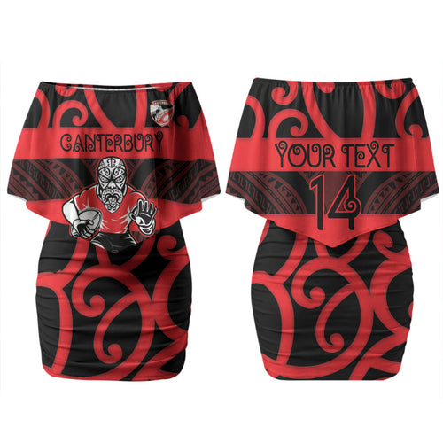 Canterbury Custom Rugby New Zealand Couples Matching Off Shoulder Short Dress and Long Sleeve Button Shirt Aotearoa Maori Pukana Tiki Mascot