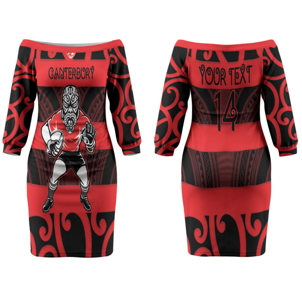 Canterbury Custom Rugby New Zealand Couples Matching Off The Shoulder Long Sleeve Dress and Long Sleeve Button Shirt Aotearoa Maori Pukana Tiki Mascot