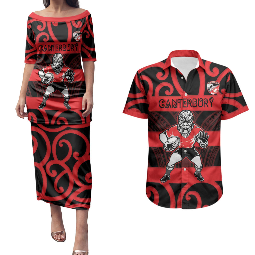 Canterbury Custom Rugby New Zealand Couples Matching Puletasi and Hawaiian Shirt Aotearoa Maori Pukana Tiki Mascot