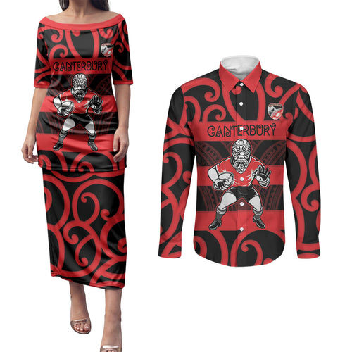 Canterbury Custom Rugby New Zealand Couples Matching Puletasi and Long Sleeve Button Shirt Aotearoa Maori Pukana Tiki Mascot
