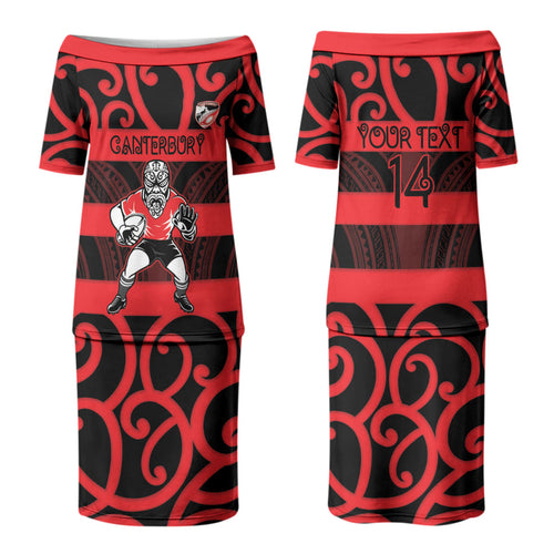 Canterbury Custom Rugby New Zealand Couples Matching Puletasi and Long Sleeve Button Shirt Aotearoa Maori Pukana Tiki Mascot