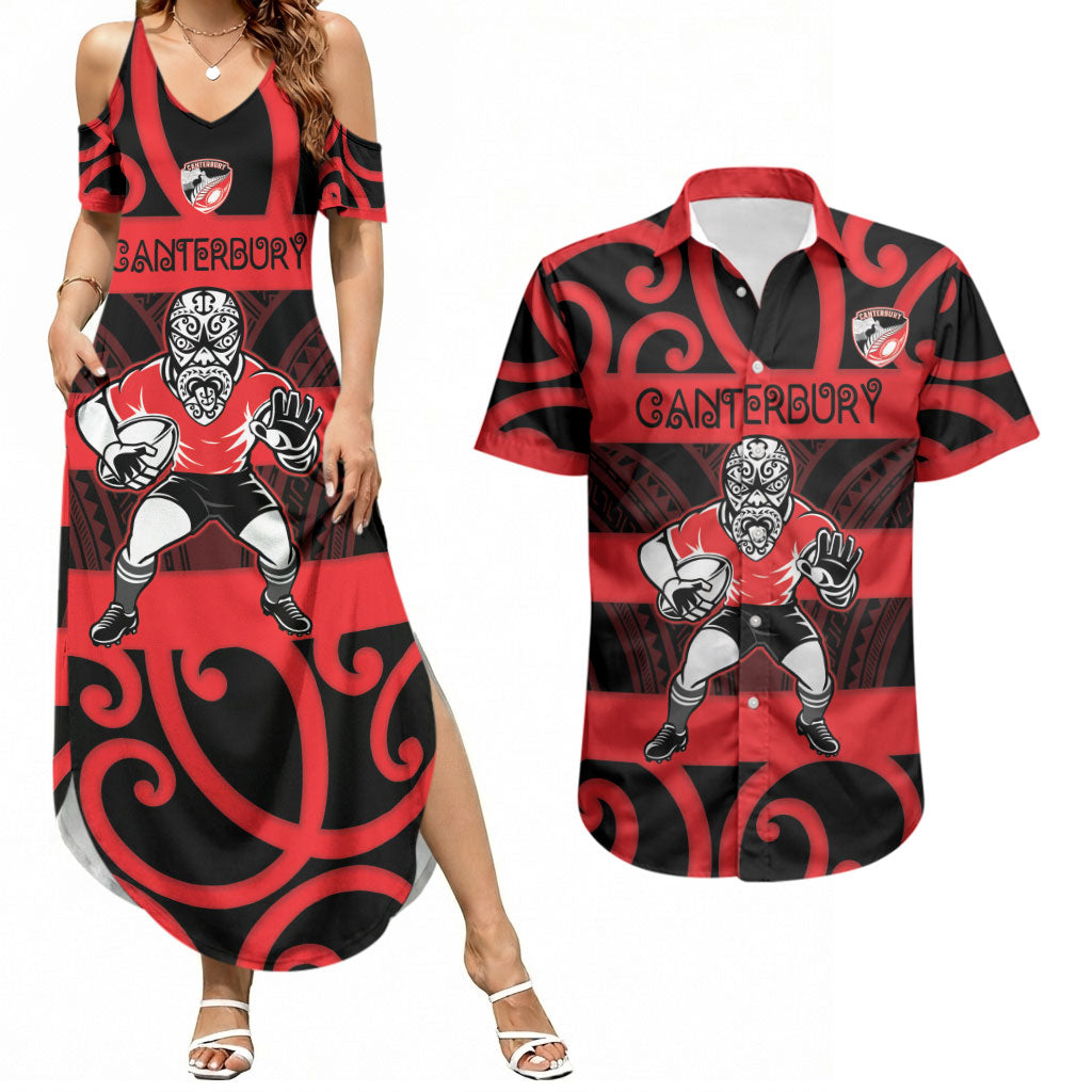 Canterbury Custom Rugby New Zealand Couples Matching Summer Maxi Dress and Hawaiian Shirt Aotearoa Maori Pukana Tiki Mascot