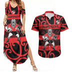 Canterbury Custom Rugby New Zealand Couples Matching Summer Maxi Dress and Hawaiian Shirt Aotearoa Maori Pukana Tiki Mascot