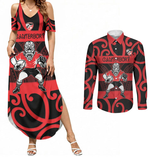 Canterbury Custom Rugby New Zealand Couples Matching Summer Maxi Dress and Long Sleeve Button Shirt Aotearoa Maori Pukana Tiki Mascot