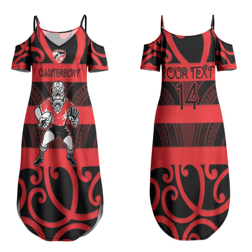 Canterbury Custom Rugby New Zealand Couples Matching Summer Maxi Dress and Long Sleeve Button Shirt Aotearoa Maori Pukana Tiki Mascot