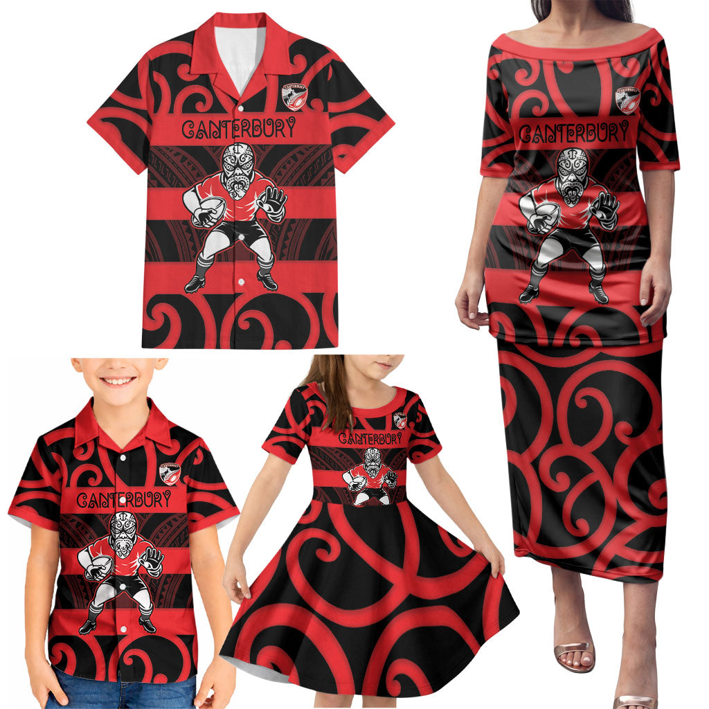 Canterbury Custom Rugby New Zealand Family Matching Puletasi and Hawaiian Shirt Aotearoa Maori Pukana Tiki Mascot