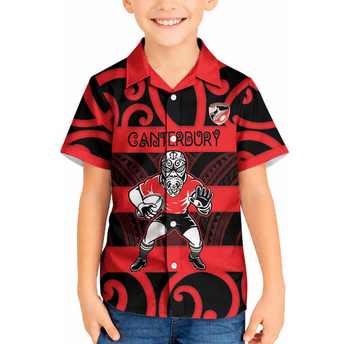 Canterbury Custom Rugby New Zealand Kid Hawaiian Shirt Aotearoa Maori Pukana Tiki Mascot