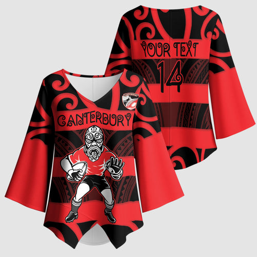 Canterbury Custom Rugby New Zealand Kimono Sleeve Blouse Aotearoa Maori Pukana Tiki Mascot