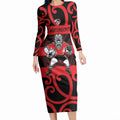 Canterbury Custom Rugby New Zealand Long Sleeve Bodycon Dress Aotearoa Maori Pukana Tiki Mascot