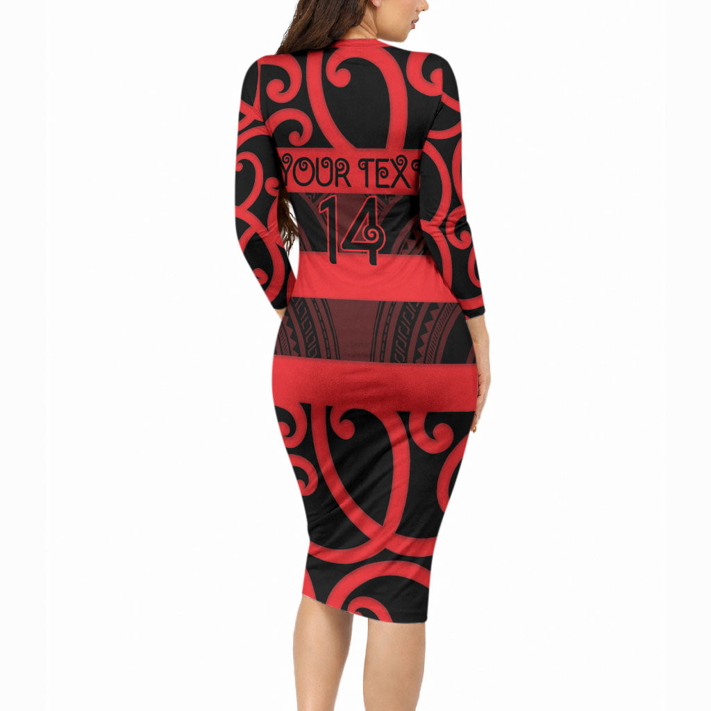 Canterbury Custom Rugby New Zealand Long Sleeve Bodycon Dress Aotearoa Maori Pukana Tiki Mascot