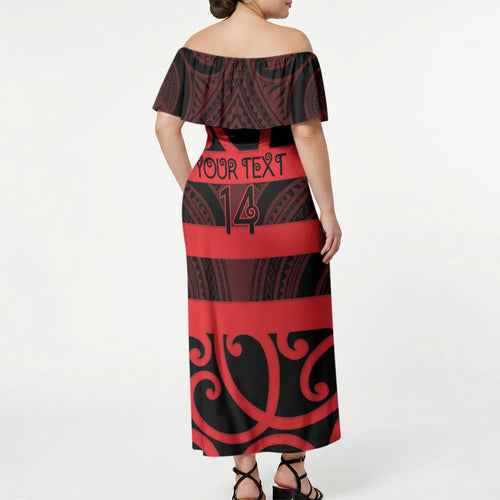 Canterbury Custom Rugby New Zealand Off Shoulder Maxi Dress Aotearoa Maori Pukana Tiki Mascot