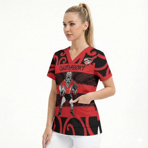 Canterbury Custom Rugby New Zealand Scrub Top Aotearoa Maori Pukana Tiki Mascot
