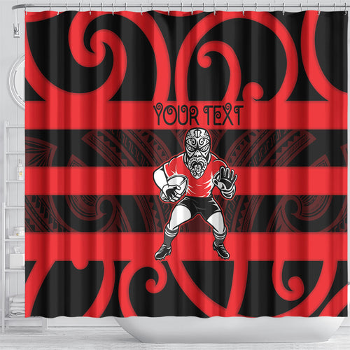Canterbury Custom Rugby New Zealand Shower Curtain Aotearoa Maori Pukana Tiki Mascot